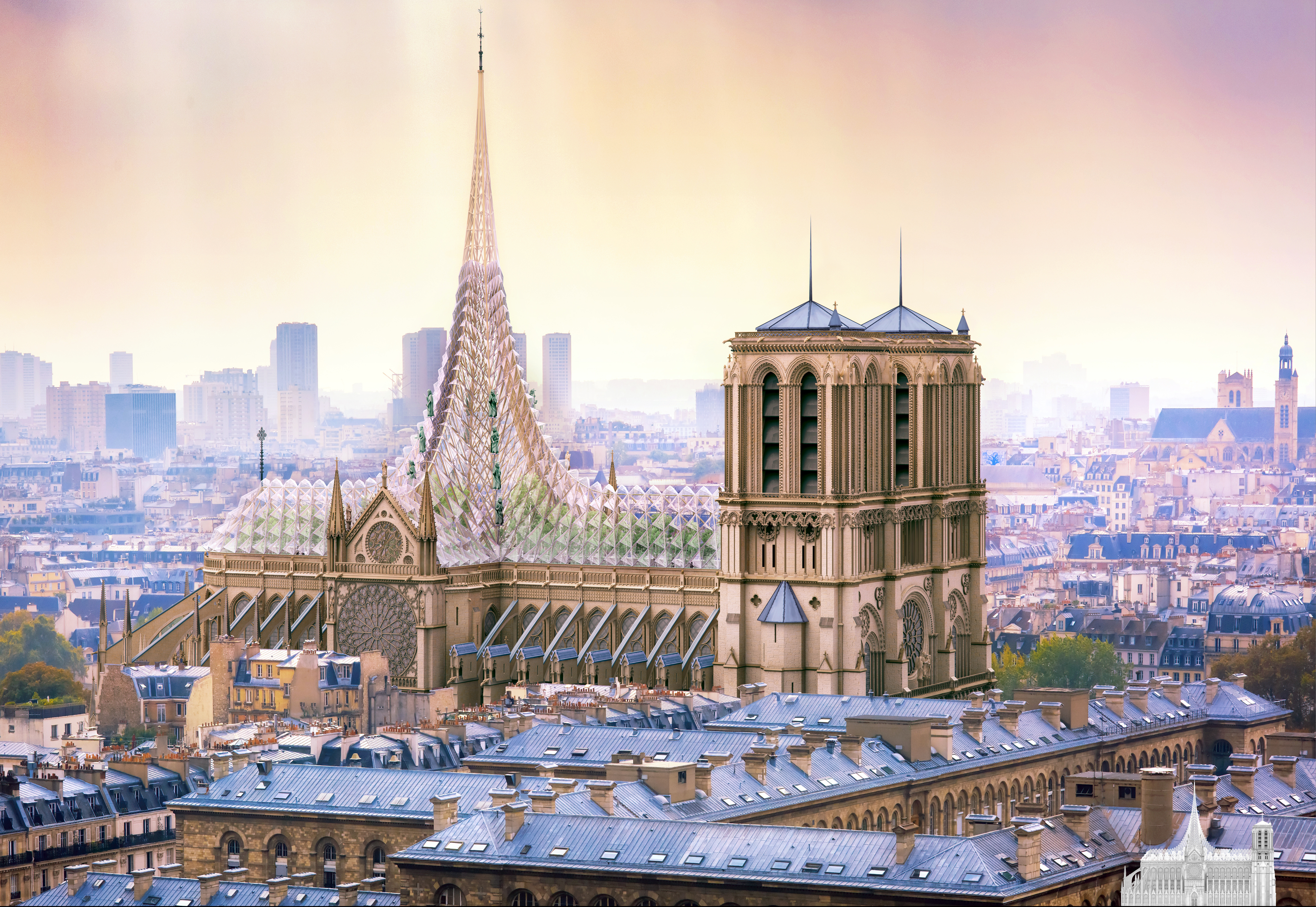 FOTO | Planul unui arhitect vizionar pentru restaurarea Catedralei Notre-Dame: O grădină de meditație și o fermă pe acoperișul clădirii la adăpostul unui dom din sticlă