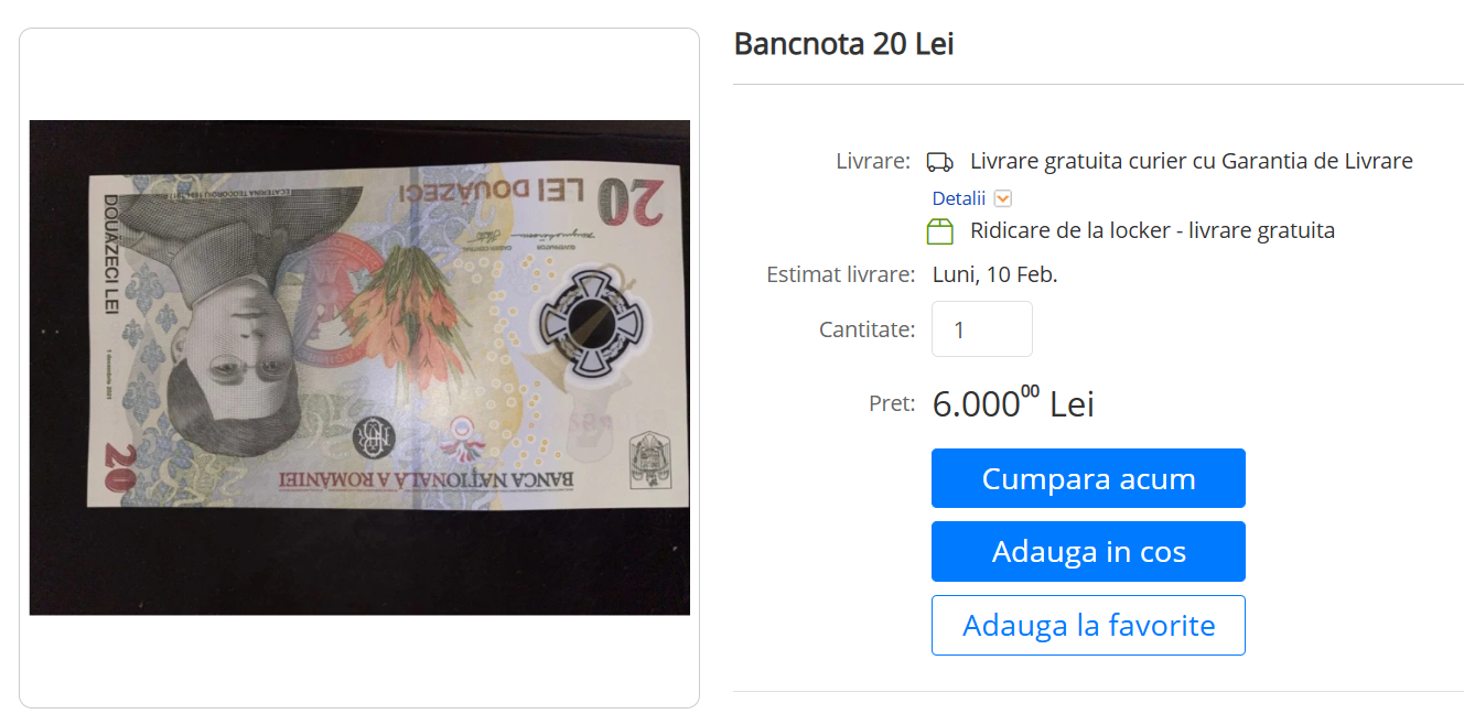 Cât costă o bancnotă de 20 de lei care e în circulație, dar e atât de rară, încât colecționarii se bat pe ea