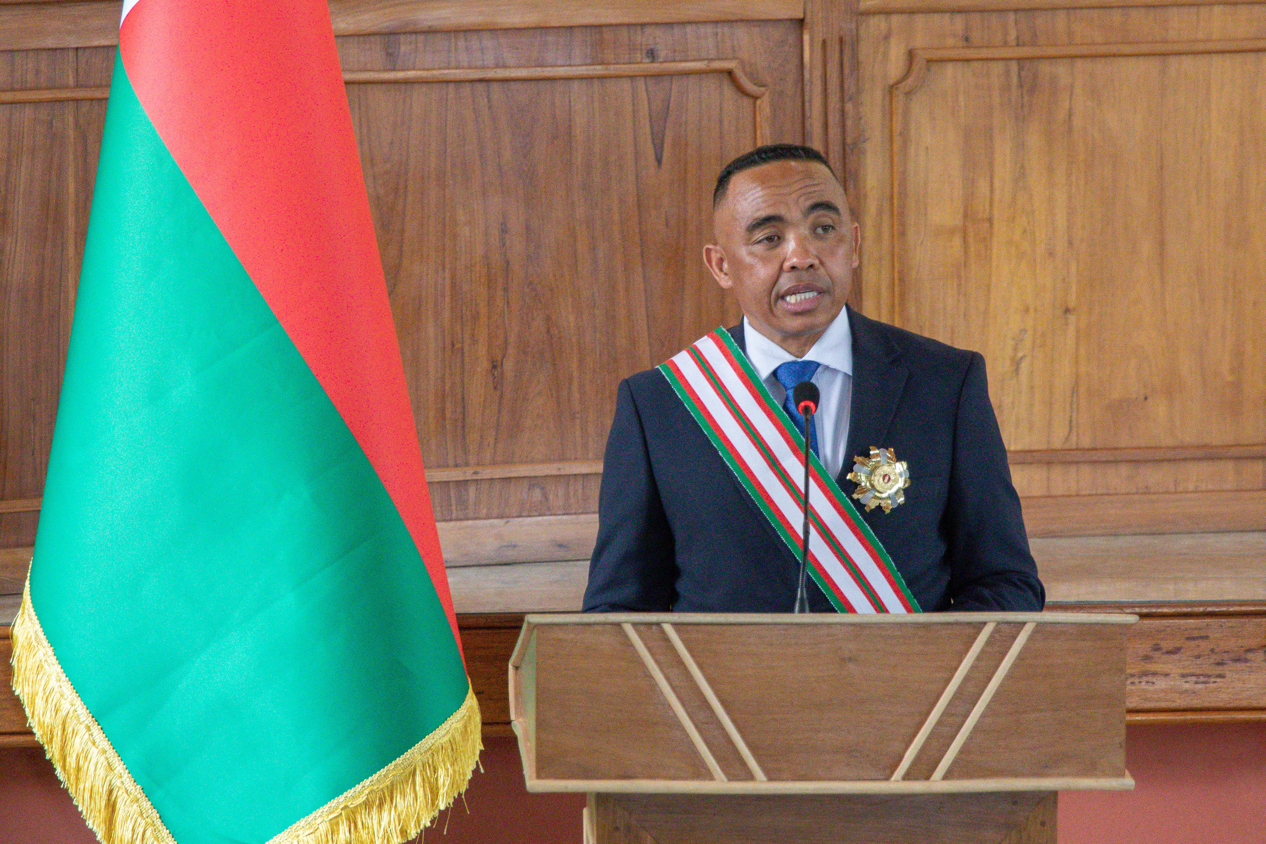 Newly sworn in President of Madagascar Michael Randrianirina speaks during his swearing in ceremony in Antananarivo on October 17, 2025. [Photo by MAMYRAEL/AFP via Getty Images]
