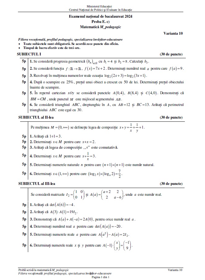 Baremul de corectare la matematică pentru Bacalaureat 2024, publicat pe EDU.ro