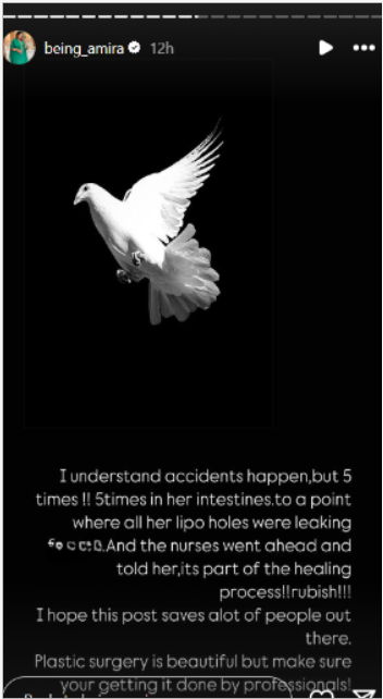 A screenshot of Amira's post where she explained the alleged plastic surgery incident that led to death of a lady at a Nairobi clinic