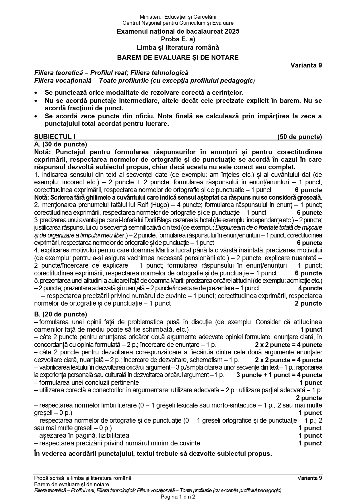 Baremul de corectare la BAC Română 2025 - sesiunea de toamnă