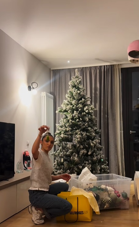 Imagini din sufrageria Alexiei Eram, decorată de Crăciun. Cât costă globurile în formă de cartofi prăjiți, muștar și ketchup pe care le-a pus în brad