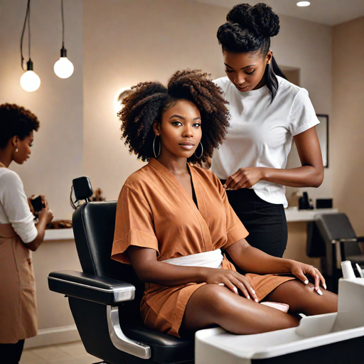 An AI-generated image of a woman at a salon, getting a manicure or pedicure, or having her hair styled, looking relaxed and content (Hotpot.ai)