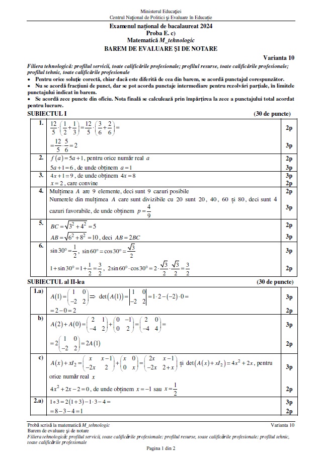 Baremul de corectare la matematică pentru Bacalaureat 2024, publicat pe EDU.ro