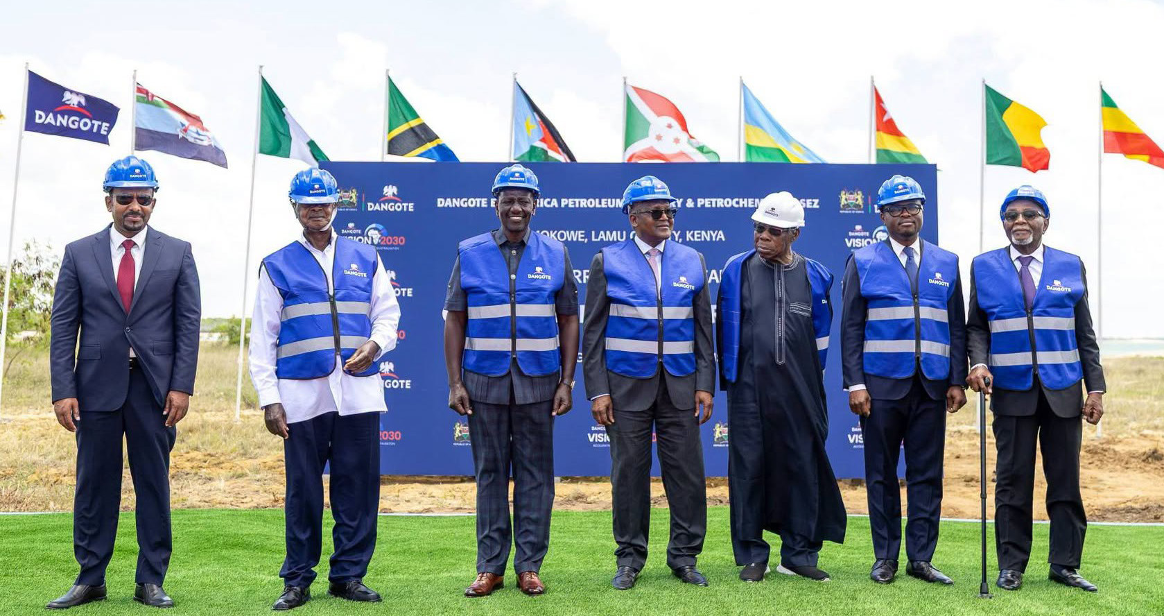 Abiy Ahmed, Prime Minister of Ethiopia (left); Yoweri Museveni, President of Uganda (second left); William Ruto, President of Kenya (third left); Aliko Dangote, President/Chief Executive, Dangote Industries Limited (middle); Olusegun Obasanjo, former Nigerian President (third right); Romuald Wadagni, President of Benin Republic (second right), and Jean Lucien Savi de Tové, President of Togo, during the groundbreaking ceremony of the Dangote East Africa Petroleum Refinery & Petrochemicals SEZ, in Kenya 