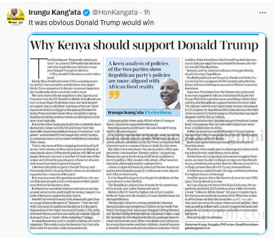 Murang'a Governor Irungu Kang'ata congratulates Donald Trump