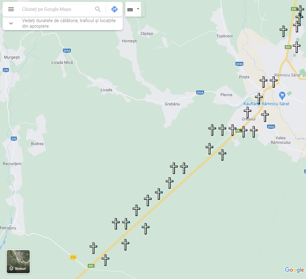 Drumul crucilor. Sunt 564 de cruci pe DN2 între București și Bacău, mai multe decât cele 550 de borne kilometrice dus-întors