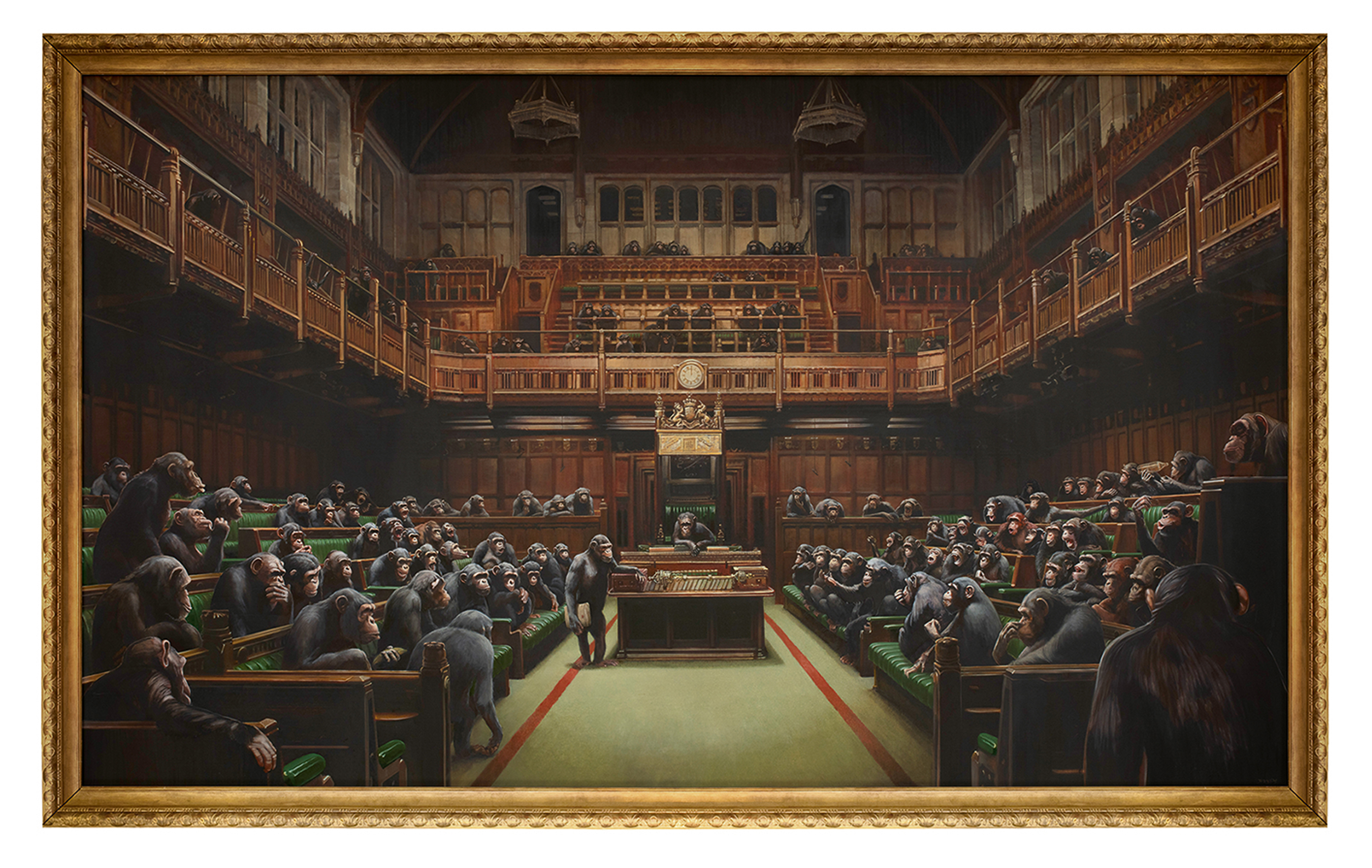 Pictura lui Bansky în care parlamentarii britanici sunt înfățișați drept maimuţe, vândută cu o sumă record
