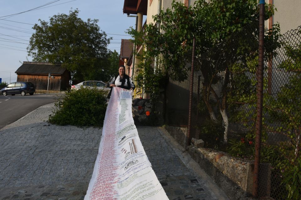 GALERIE FOTO/ Din dragoste pentru Eminescu. A stat trei ani să coasă versurile poeziei «Luceafărul» pe o pânză de șapte metri lungime