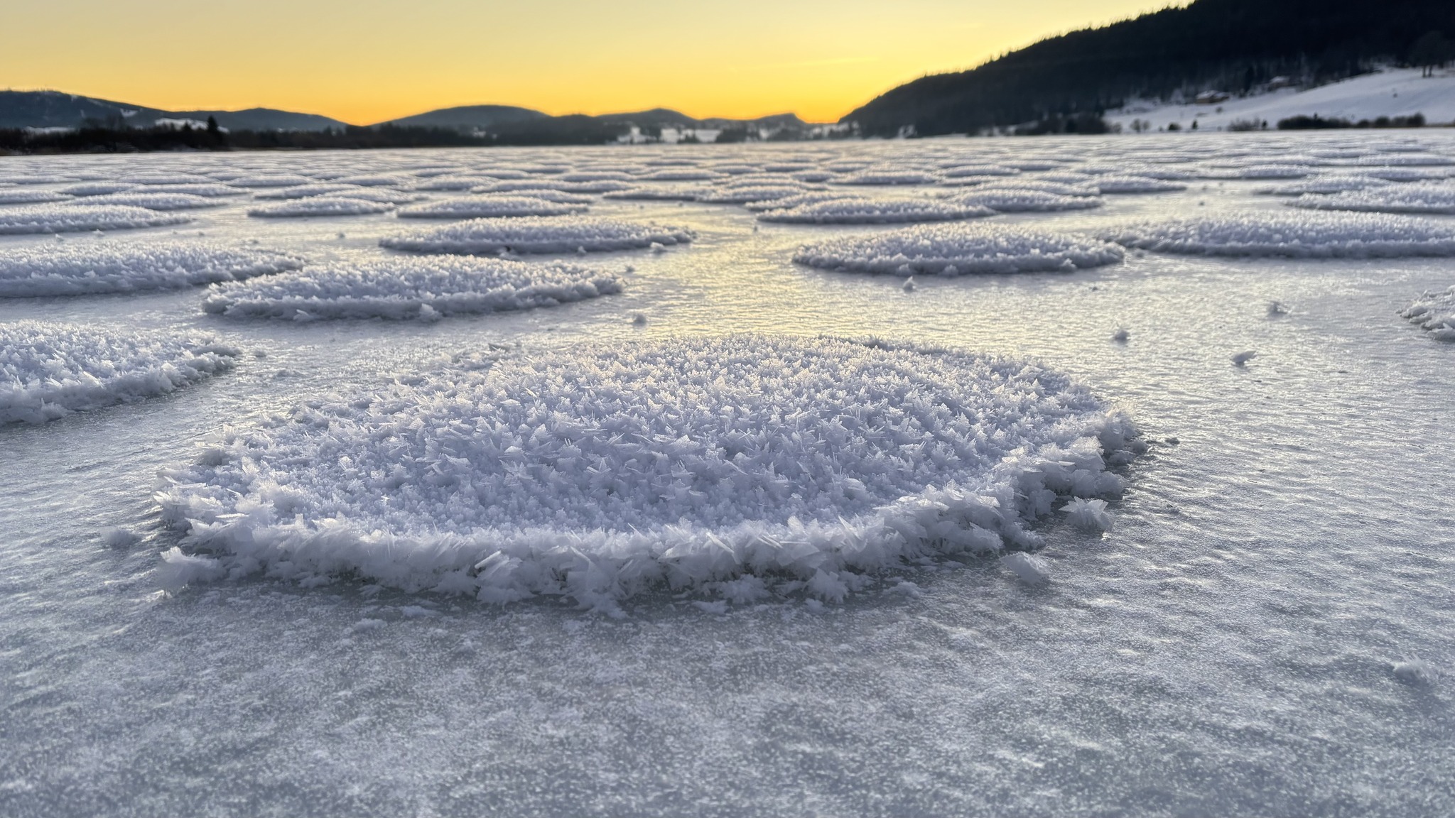 Fenomen rar și uluitor apărut în Franța, pe un lac înghețat. Ce sunt „clătitele de zăpadă” și cum se formează 