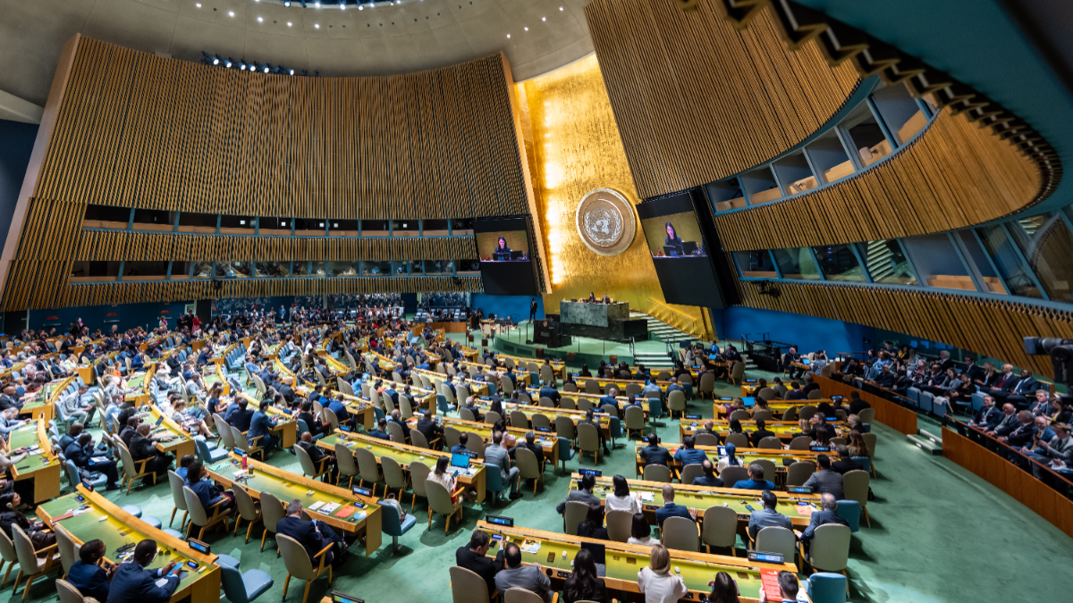 Annalena Baerbock, President of the UN General Assembly and former Foreign Minister of Germany, is seen on monitors (r) at the United Nations General Assembly before the election of non-permanent members of the UN Security Council (UNSC). [Photo by Michael Kappeler/picture alliance via Getty Images]