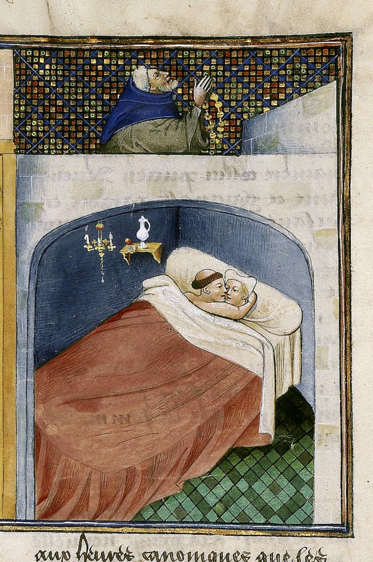 Ilustracja do „Dekamerona” Giovanniego Boccaccia, przedstawiająca mnicha, który uprawia seks z kobietą, podczas gdy jej mąż się modli, autor nieznany, 1460 r.