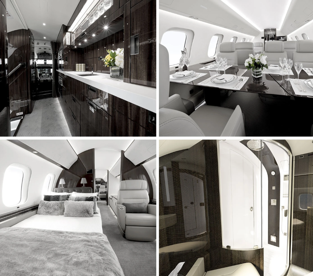 The cabin is designed for ultra-long-haul comfort, featuring up to four living spaces, sleeping areas for passengers, a full galley, and advanced connectivity systems.