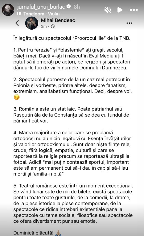 Mihai Bendeac, reacție după scandalul cu spectacolul „Proorocul Ilie” de la TNB: „Se raportează la religie precum se raportează ultrașii la fotbal”