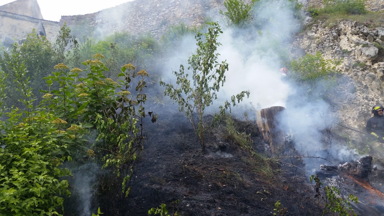 Incendiu de vegetaţie uscată lângă zidurile Cetății Râşnov. Pompierii au stins focul după o oră/ FOTO