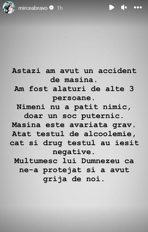 Mircea Bravo, prima reacție după ce a fost implicat într-un accident rutier: „Nimeni nu a pățit nimic, doar un șoc puternic”