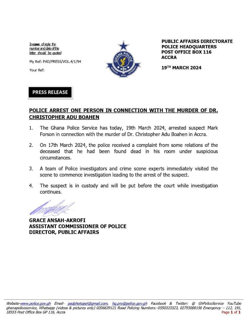 Police arrest 1 suspect in connection with Christopher Adu Boahen's tragic murder
