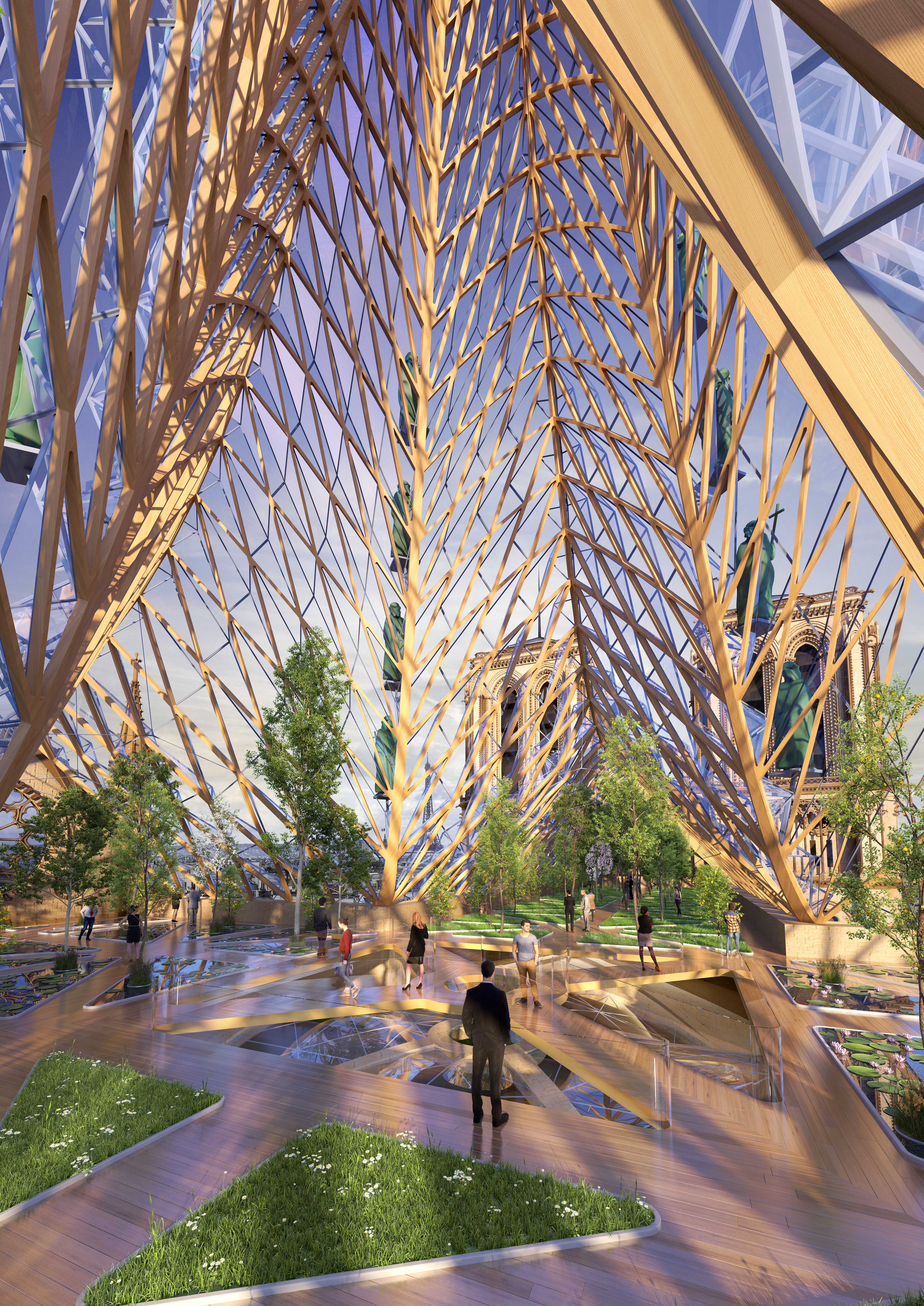 FOTO | Planul unui arhitect vizionar pentru restaurarea Catedralei Notre-Dame: O grădină de meditație și o fermă pe acoperișul clădirii la adăpostul unui dom din sticlă