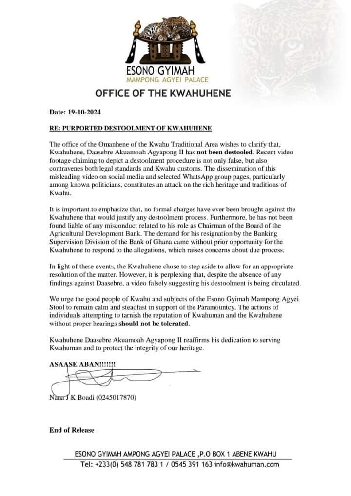 Rejoinder: Kwahumanhene has not been destooled - Statement