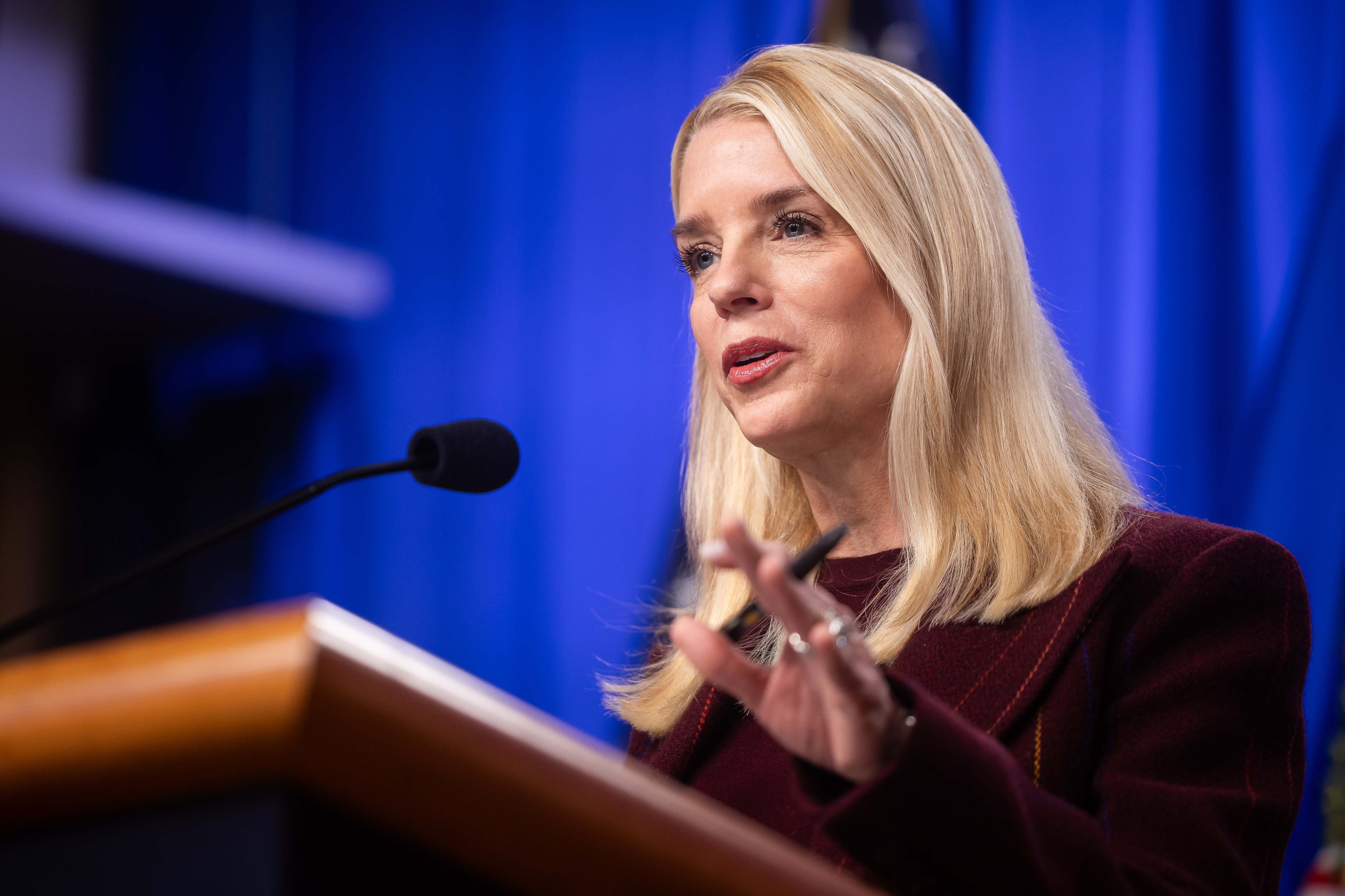 Attorney General Pam Bondi speaks during an announcement at Department of Justice headquarters in Washington, D.C., Nov. 19, 2025. (Francis Chung/POLITICO via AP Images)