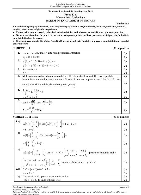 Examenul de BAC la Matematică 2026, pentru elevii de la real, s-a încheiat. Baremul a fost publicat