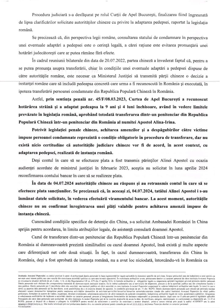Ce șanse are românca deținută în China să fie adusă în țară în lipsa unor întâlniri diplomatice. Chinezii au trimis un număr de cont, unde familia Alinei Apostol trebuie să plătească prejudiciul 