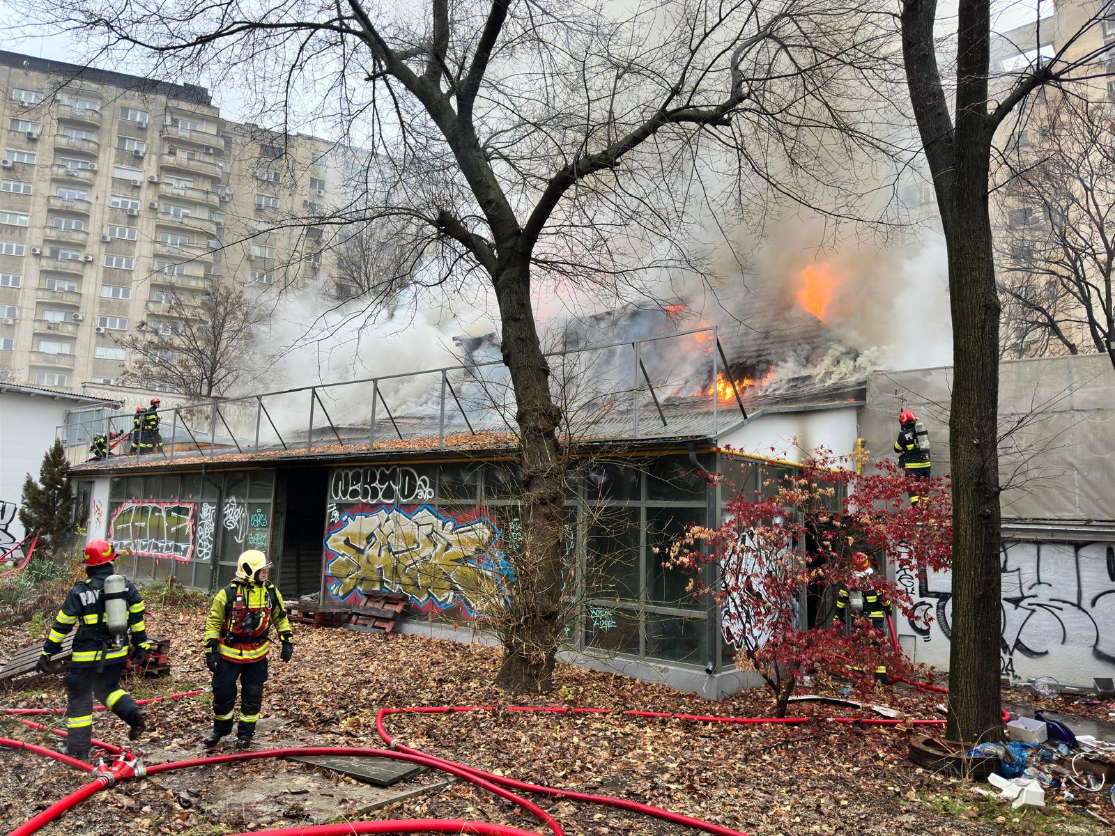 Incendiu la restaurantul dezafectat Mărul de Aur, de pe Calea Victoriei. Pompierii luptă cu flăcările