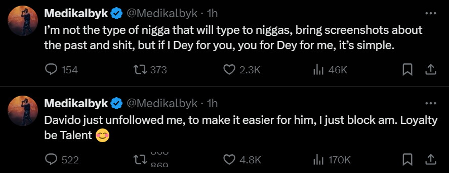 Medikal blocks Davido on x