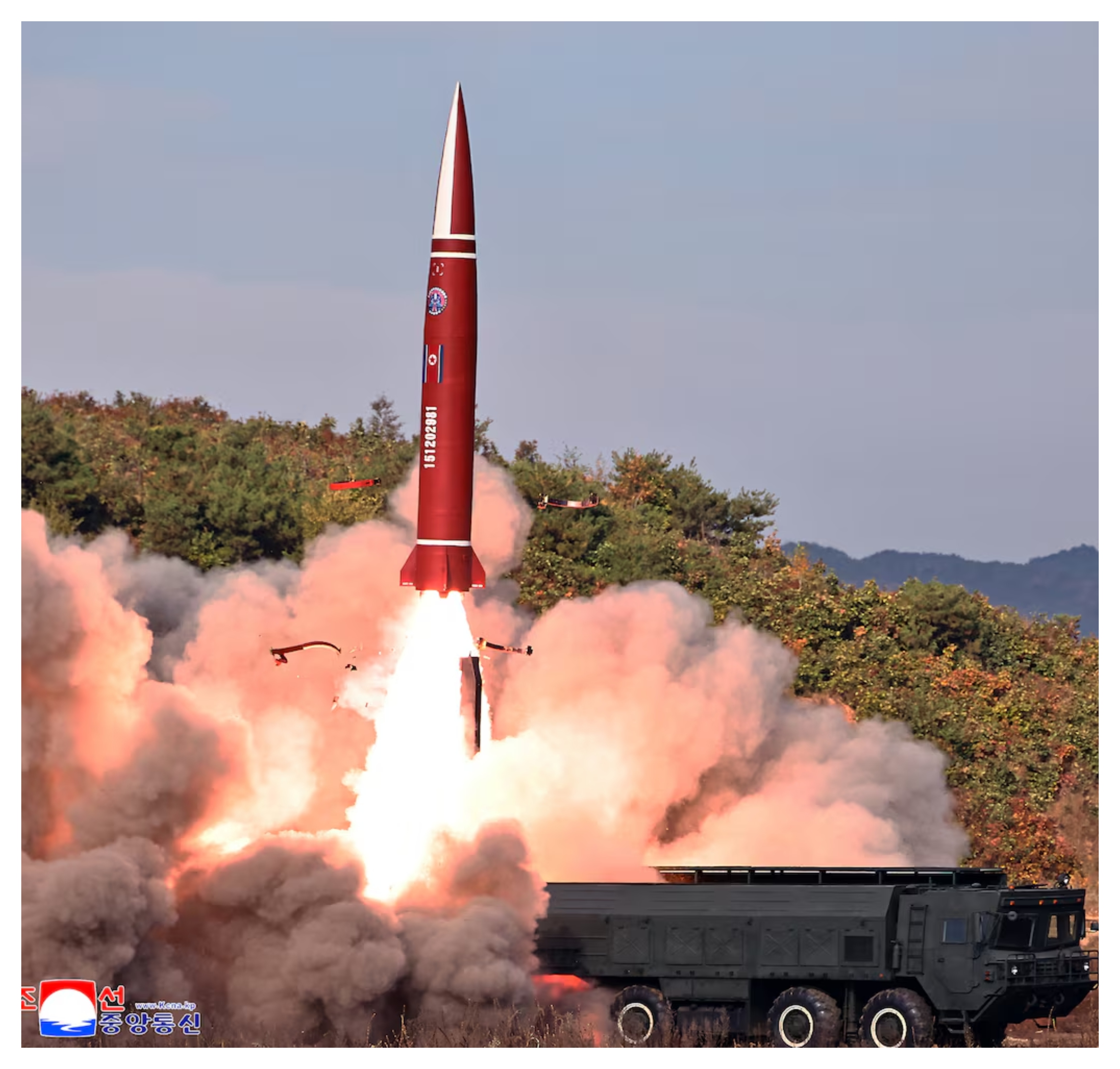 A tactical ballistic missile is launched during a test in North Korea, October 12, 2026, according to the Korean Central News Agency (KCNA), in this picture released by North Korea's official Korean Central News Agency.(photo credit: KCNA/VIA REUTERS)