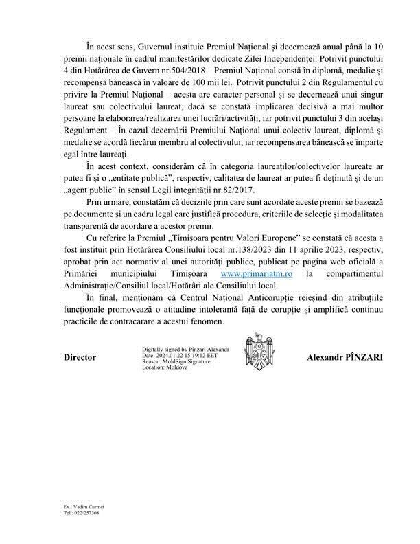 Maia Sandu poate lua premiul de 30.000 de euro acordat la Timişoara, a decis Centrul Anticorupţie din Republica Moldova