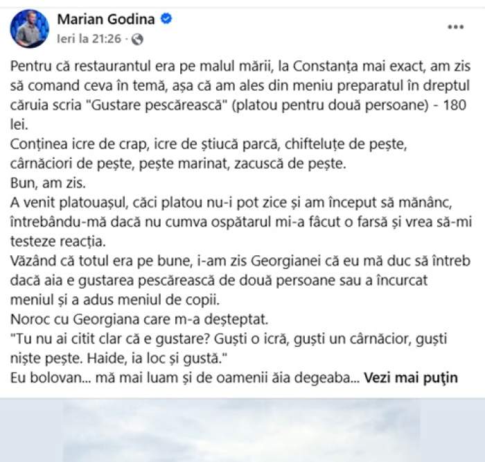 Cât a plătit Marian Godină pentru o „Gustare pescărească” la malul mării! „Am început să mănânc, întrebându-mă dacă nu cumva ospătarul mi-a făcut o farsă”