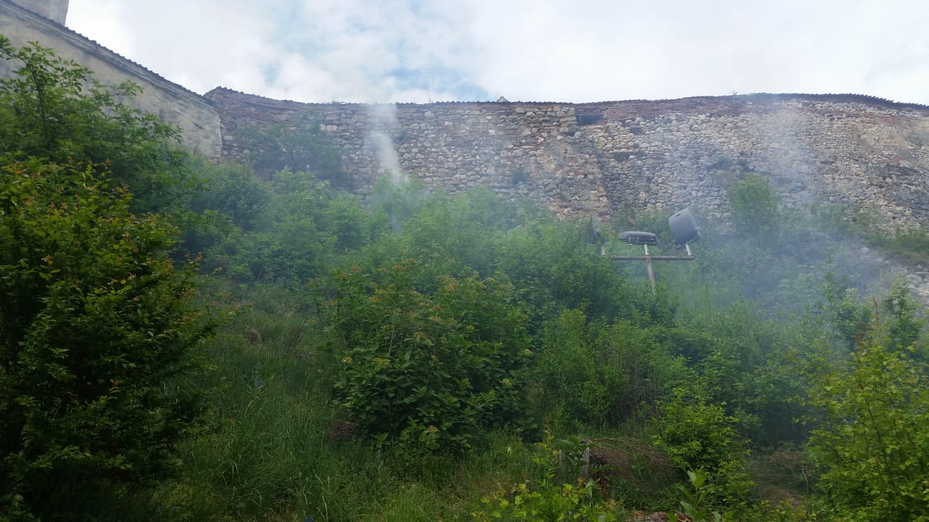 Incendiu de vegetaţie uscată lângă zidurile Cetății Râşnov. Pompierii au stins focul după o oră/ FOTO