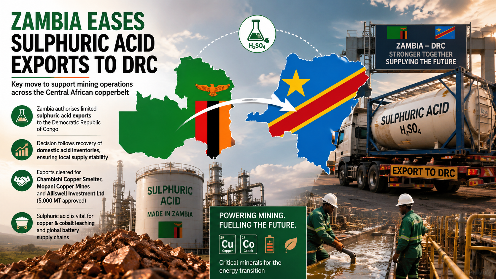 Zambia resumes sulphuric acid exports to DR Congo as copper and cobalt demand rises