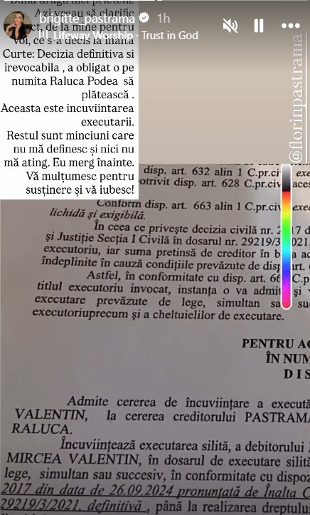 Brigitte Pastramă a câștigat procesul cu Raluca Podea. Prima reacție a soției lui Florin Pastramă. „Aceasta este încuviințarea executării. Restul sunt minciuni”