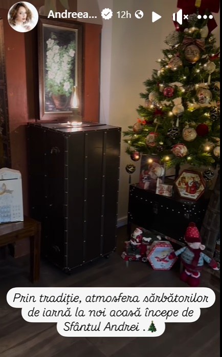 Imagini din casa Andreei Marin, decorată de Crăciun. În sufragerie are mai mulți brazi împodobiți, iar masa festivă e gata