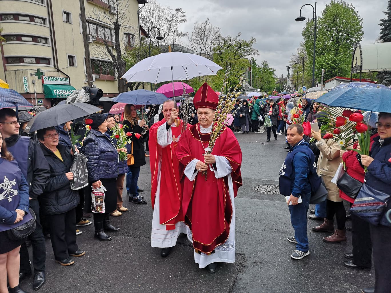 FOTO & VIDEO / Catolicii sărbătoresc azi Floriile. Procesiunea de pe străzile Capitalei s-a desfășurat pe ploaie