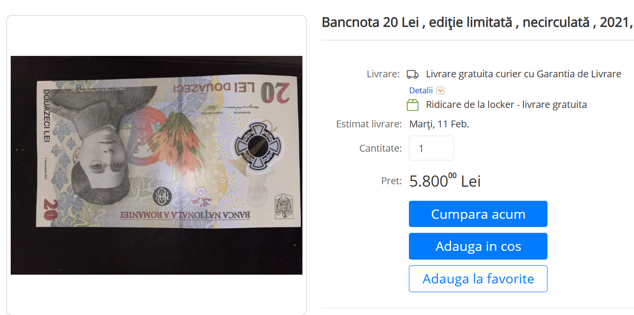 Cât costă o bancnotă de 20 de lei care e în circulație, dar e atât de rară, încât colecționarii se bat pe ea