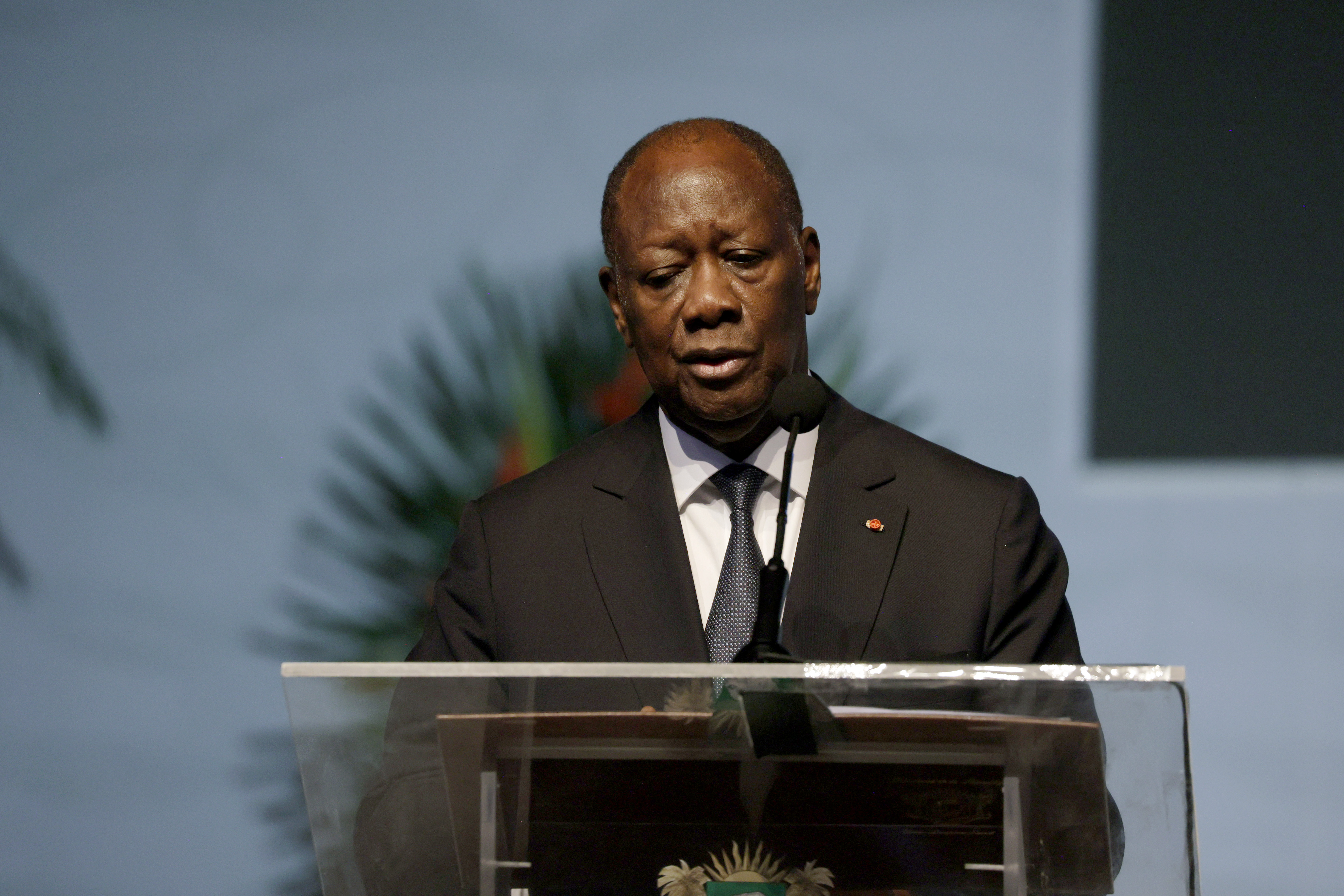 President of the Republic of Cote d'Ivoire Alassane Ouattara speaks on stage during the Economic Development Assembly: Advancing Africa's Future on October 10, 2024 in Abidjan, Ivory Coast. [Photo by Andrew Esiebo/Getty Images for Global Citizen]