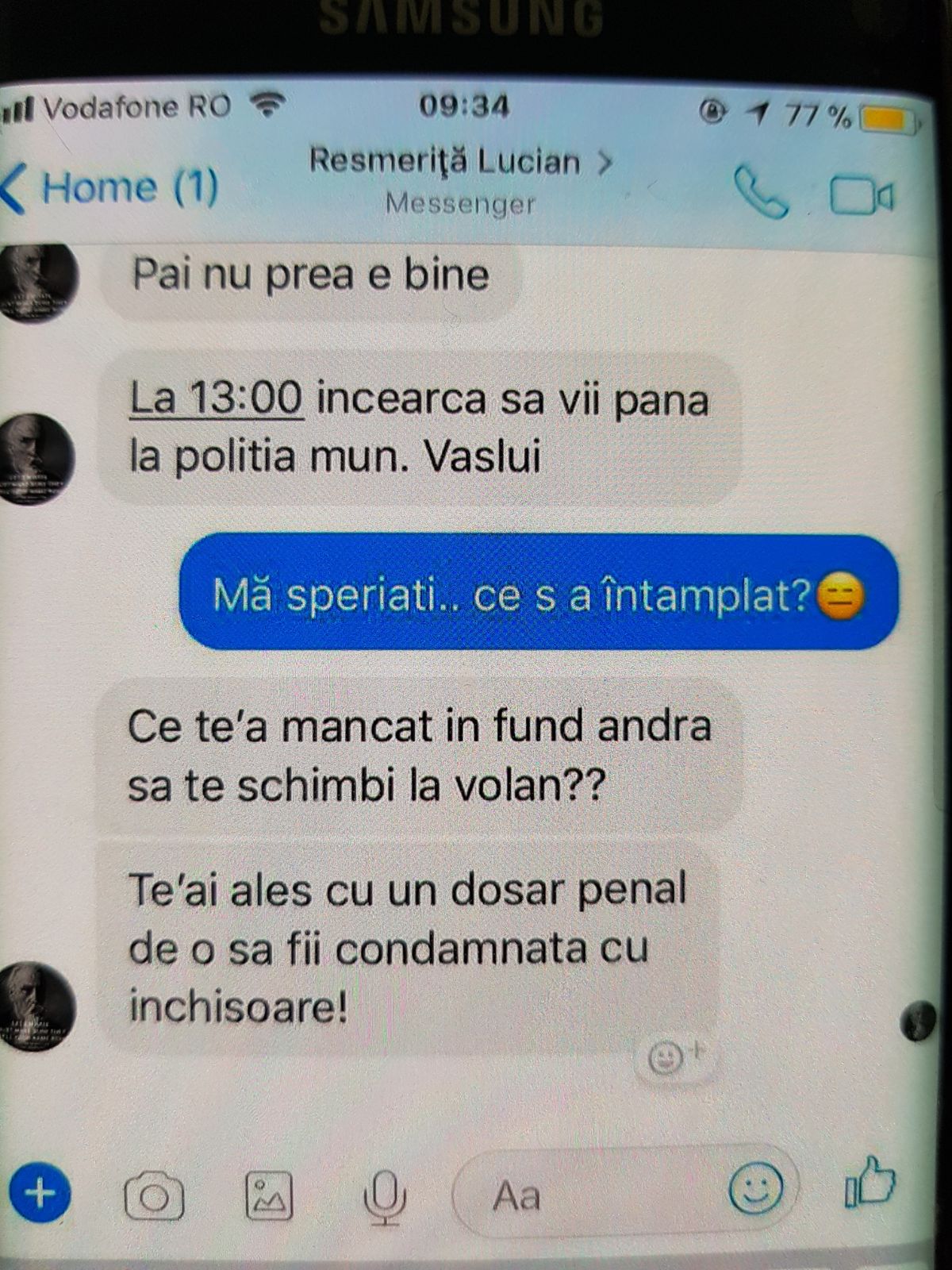 ANCHETĂ/ Un polițist din Vaslui amenință o șoferiță într-un mesaj privat pe Facebook: ”O să fii condamnată cu închisoare!” - FOTO