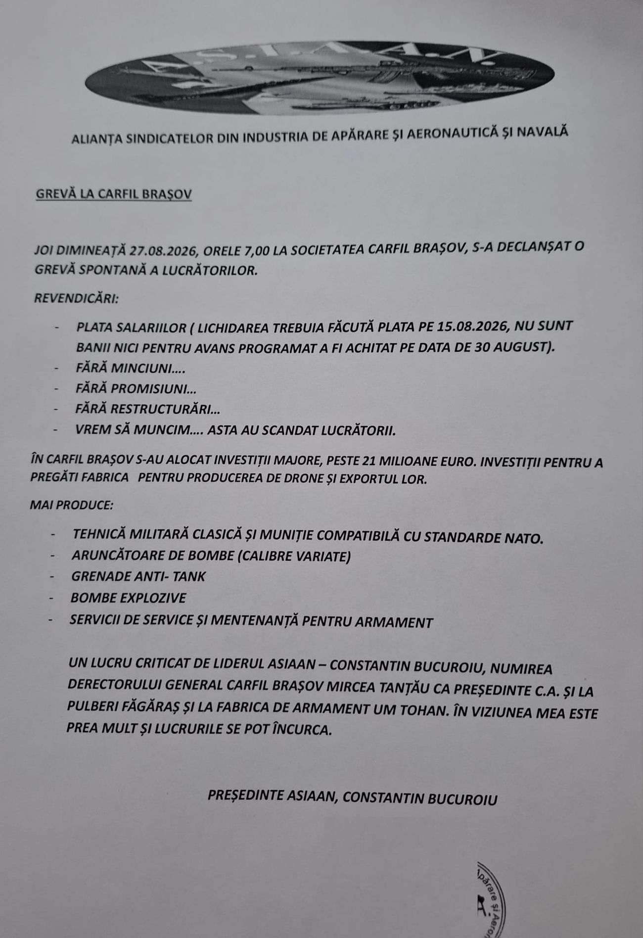 Grevă spontană la Carfil Brașov. „Azi plătim restanțele, dar lichidarea va întârzia”, spune directorul fabricii. Ce salariu are un angajat al uzinei care face drone militare