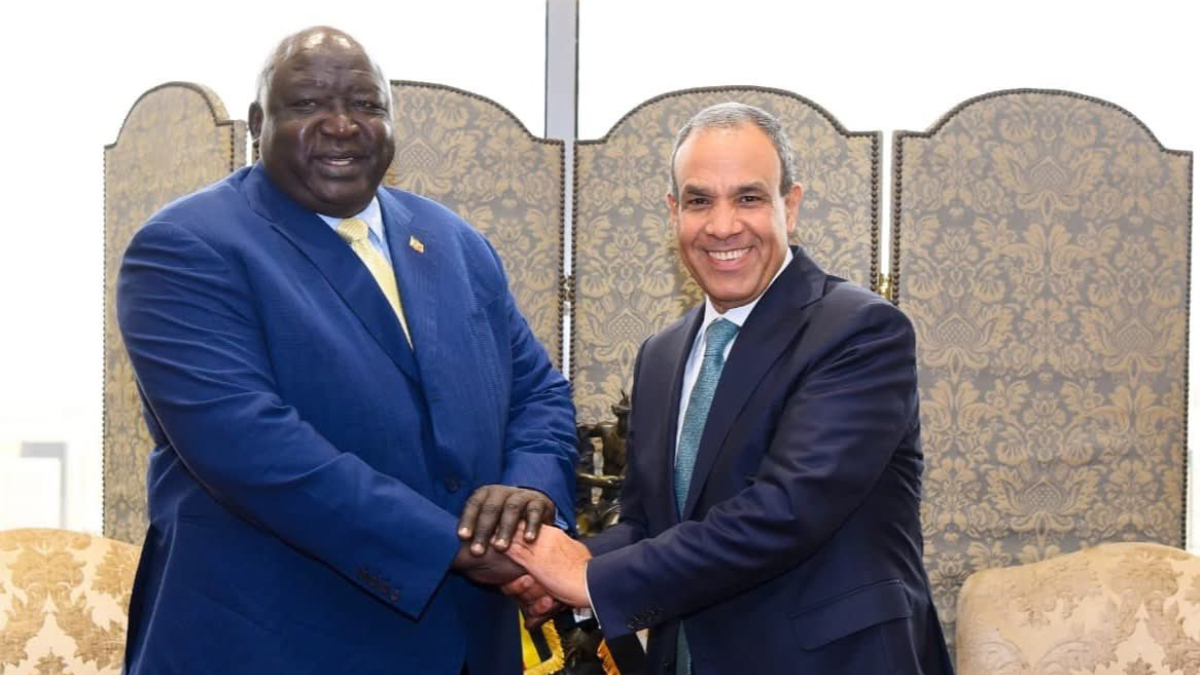 R-L: Dr. Badr Abdelatty, Minister of Foreign Affairs, International Cooperation, and Egyptian Expatriates, receives Mr. Oryem Henry Okello, Minister of State for International Affairs of the Republic of Uganda. [X, formerly Twitter/@MFAEgOfficial]