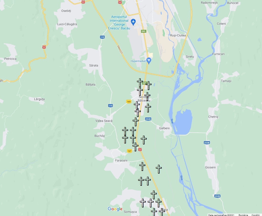 Drumul crucilor. Sunt 564 de cruci pe DN2 între București și Bacău, mai multe decât cele 550 de borne kilometrice dus-întors