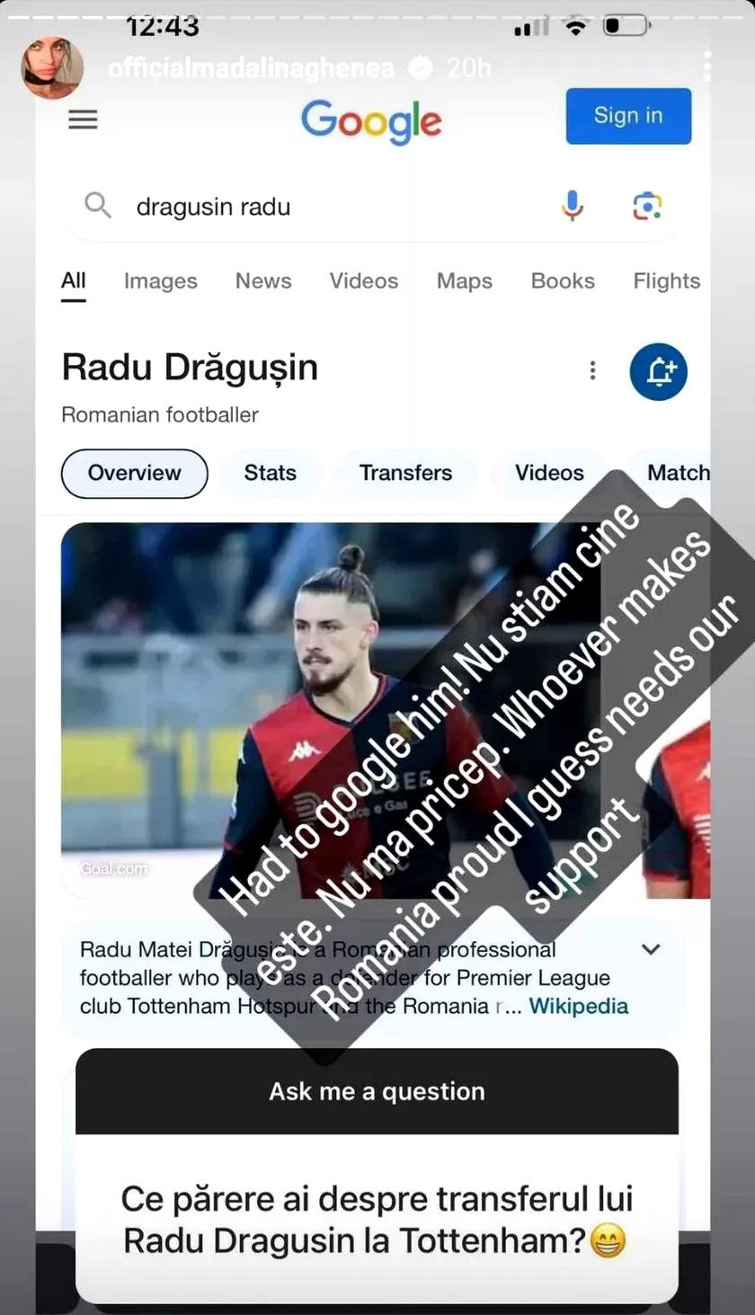 Mădălina Ghenea l-a căutat pe Google pe Radu Drăgușin: „Nu știam cine e”. Ce a spus despre fotbalistul transferat la Tottenham