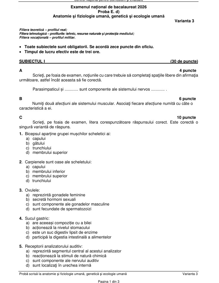 Subiecte Biologie și Anatomie la Bac 2026. Baremul de corectare a fost publicat