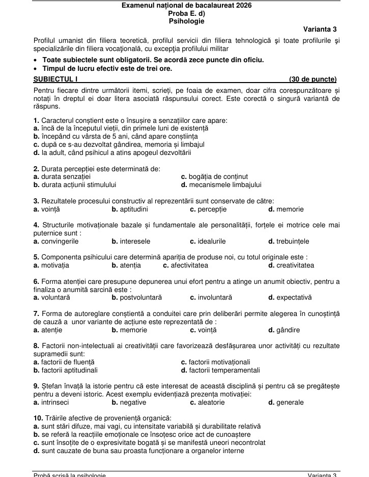 Subiecte Psihologie la Bac 2026. Baremul de corectare a fost publicat