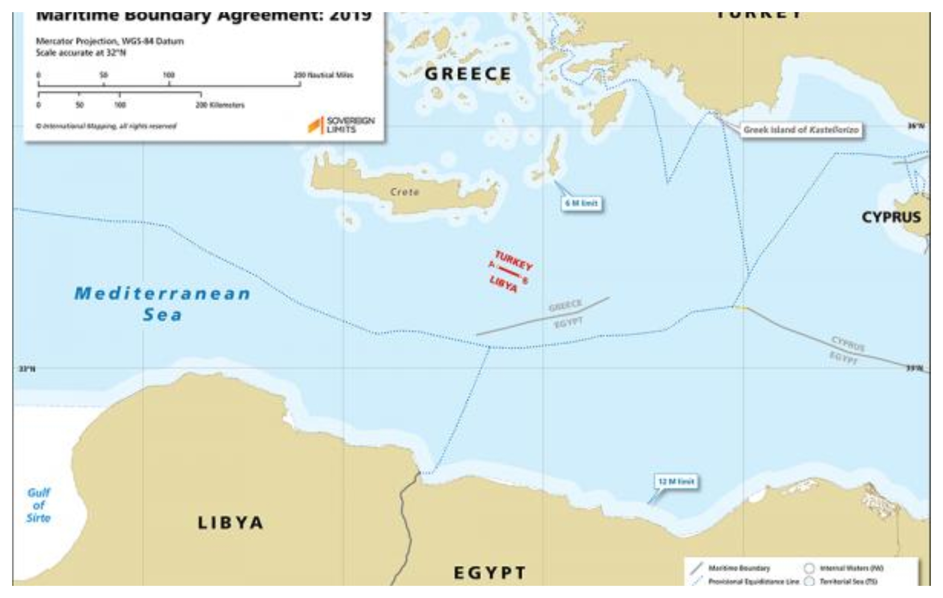 Map showing the maritime boundary claimed under the 2019 Turkey–Libya agreement. Source: Sovereign Limits.
