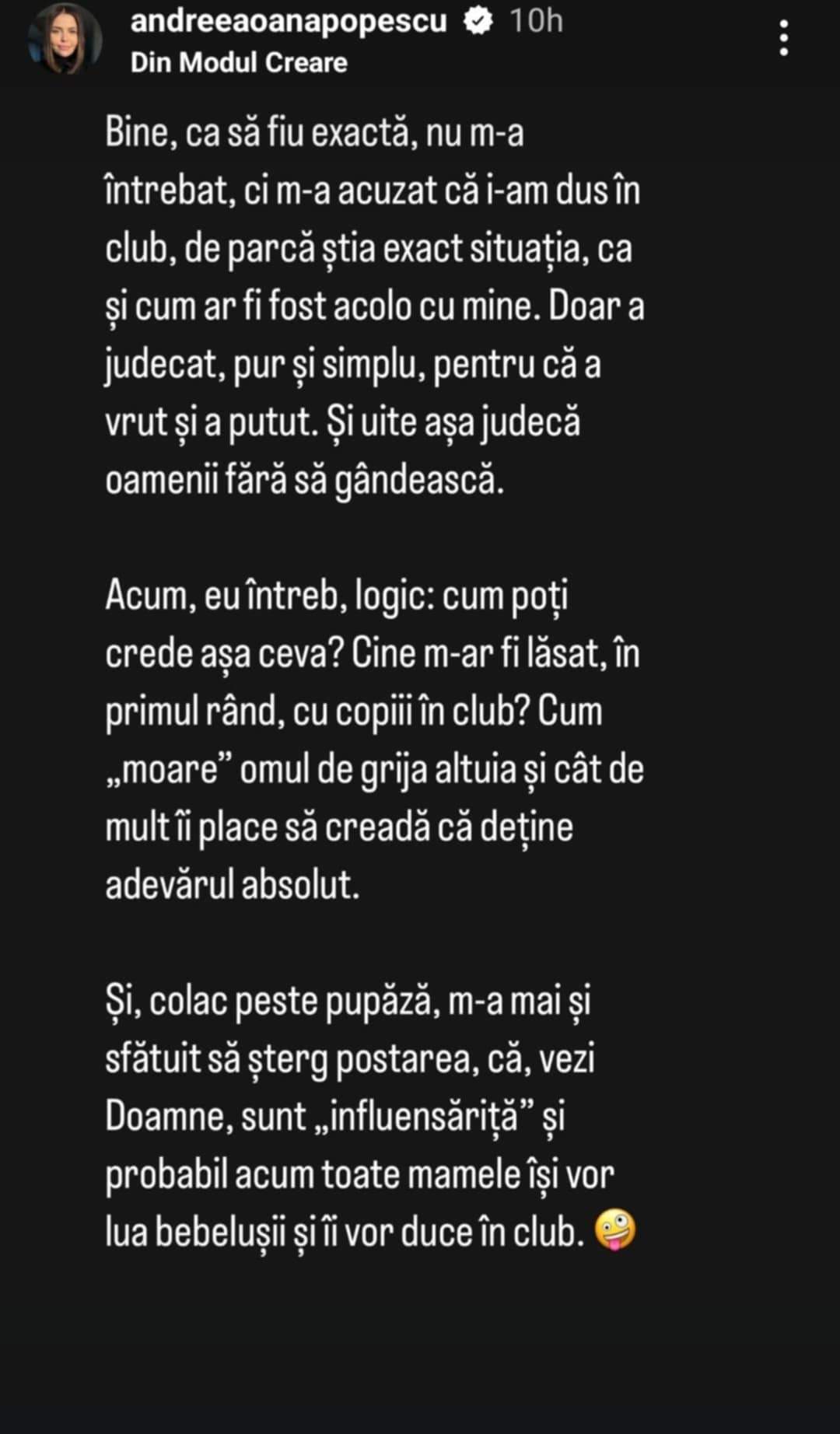 Andreea Popescu a reacționat după ce a fost acuzată că și-a dus copiii în club. „Îmi cer iertare mamelor perfecte”