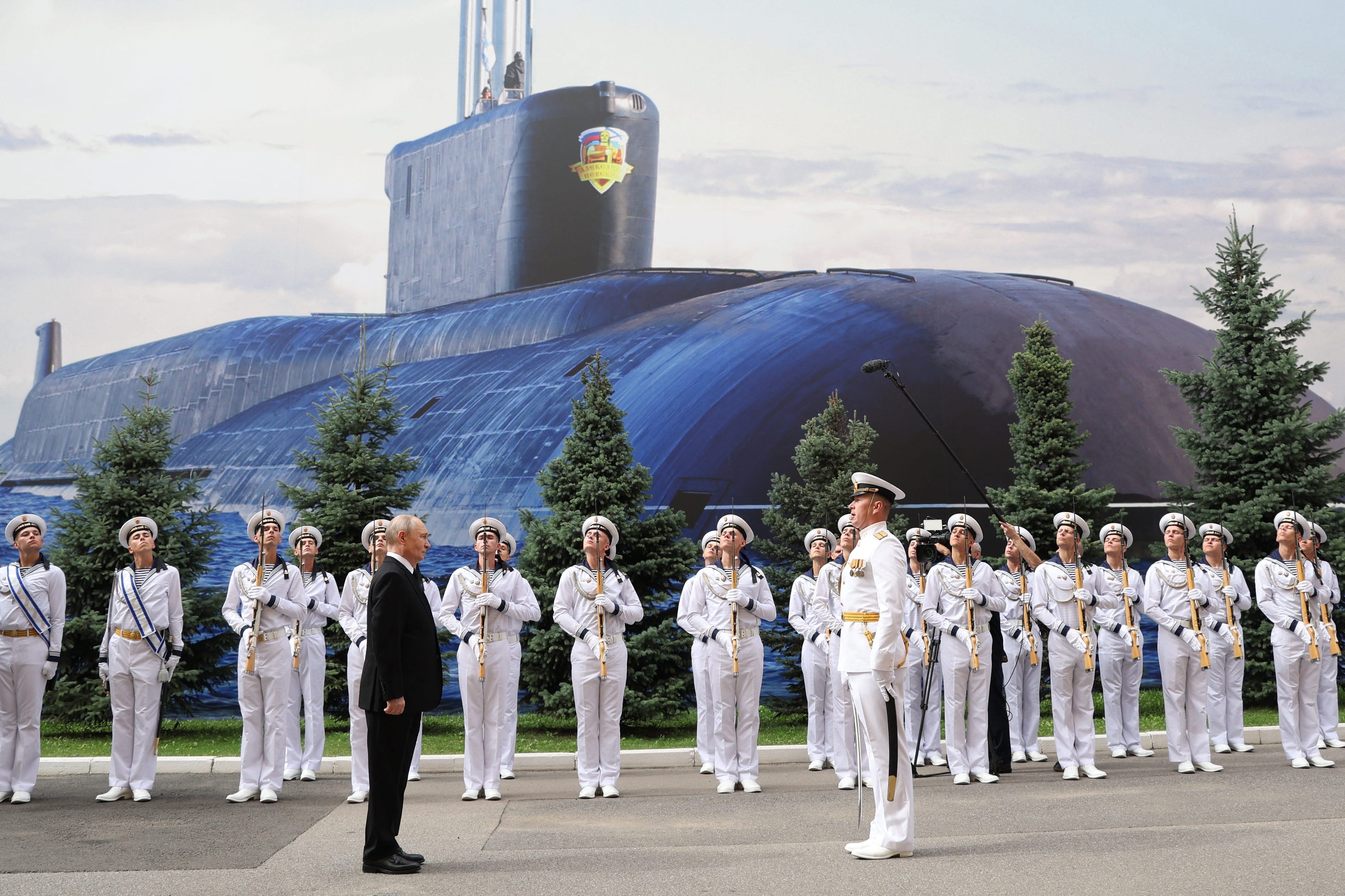 Putin is welcomed by about 3 dozen sailors at the scaled-down Navy Day event in 2026.Vyacheslav PROKOFYEV / POOL / AFP via Getty Images