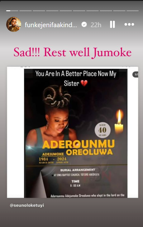 Funke Akindele's tribute post to Aderounmu Adejumoke [instagram/Funkejenifaakindele]